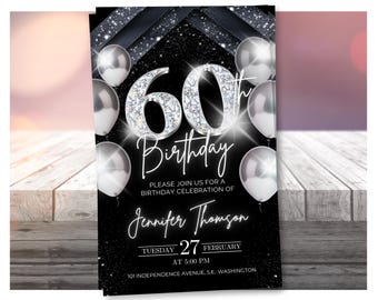 60th birthday invitation, Silver Black Digital 60th invite editable template