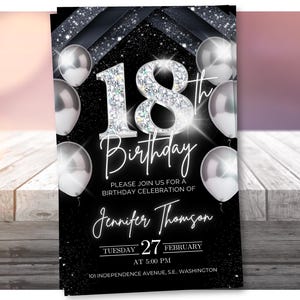 18th birthday invitation, Silver Black Digital 18th invite editable template