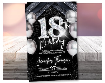 18th birthday invitation, Silver Black Digital 18th invite editable template