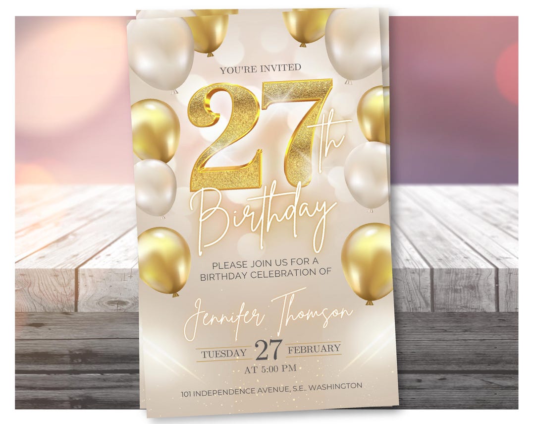 27th Birthday Invitation Gold, Digital 27th Invite Editable Template - Etsy