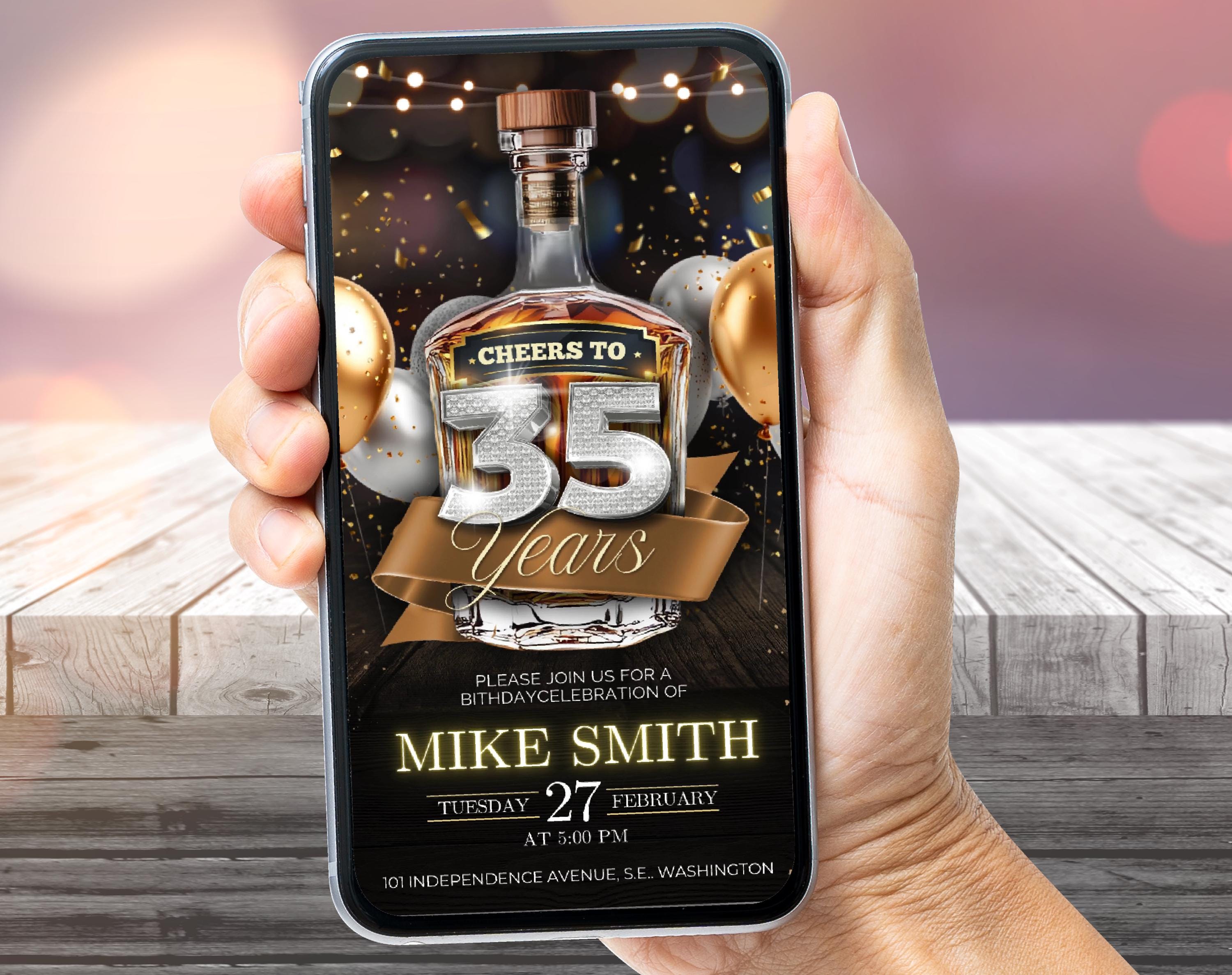 Whiskey animated 35th birthday invitation, editable birthday invitation for adult men, Digital 35th invite editable template