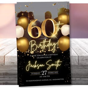 Inbjudan till 60-årsdag, digital mall för redigerbar 60-årsinbjudan i guld och svart