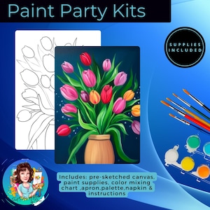 Kit di pittura fai da te Tulipani primaverili / Kit di pittura per la festa della mamma / Pittura acrilica floreale per principianti / Kit su tela pre-disegnata / Non è richiesta esperienza