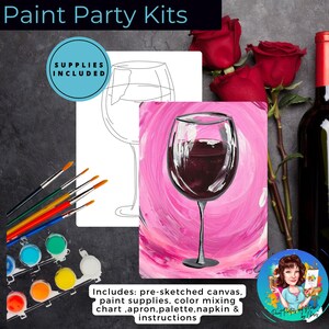 Valentine&#39;s Day Paint Party Kit - Wine Glass-Galentine&#39;s Sip n Paint - Perfect for Ladies Night - DIY Art Experience- Pre-Drawn Canvas