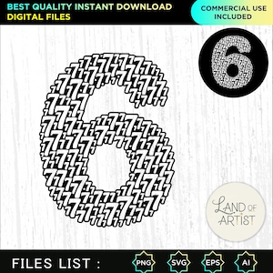 Puede incluir: Un gráfico digital en blanco y negro del número seis, compuesto por sietes más pequeños. La imagen incluye el texto "BEST QUALITY INSTANT DOWNLOAD DIGITAL FILES" y "COMMERCIAL USE INCLUDED". También hay un gráfico circular del número seis.