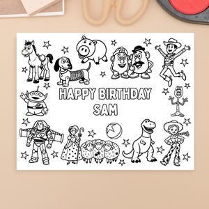 May include: A white rectangular colouring page featuring black line art of various animated characters, including a space ranger, a cowboy, a cowgirl, a dinosaur, and a pig. The text HAPPY BIRTHDAY SAM is printed in the centre in bold letters.