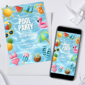 Summer Pool Party Birthday Invitation, Pool Floats Invite,  Printable Pool Party Invite, Digital Invite, Invite Template, Canva Editable