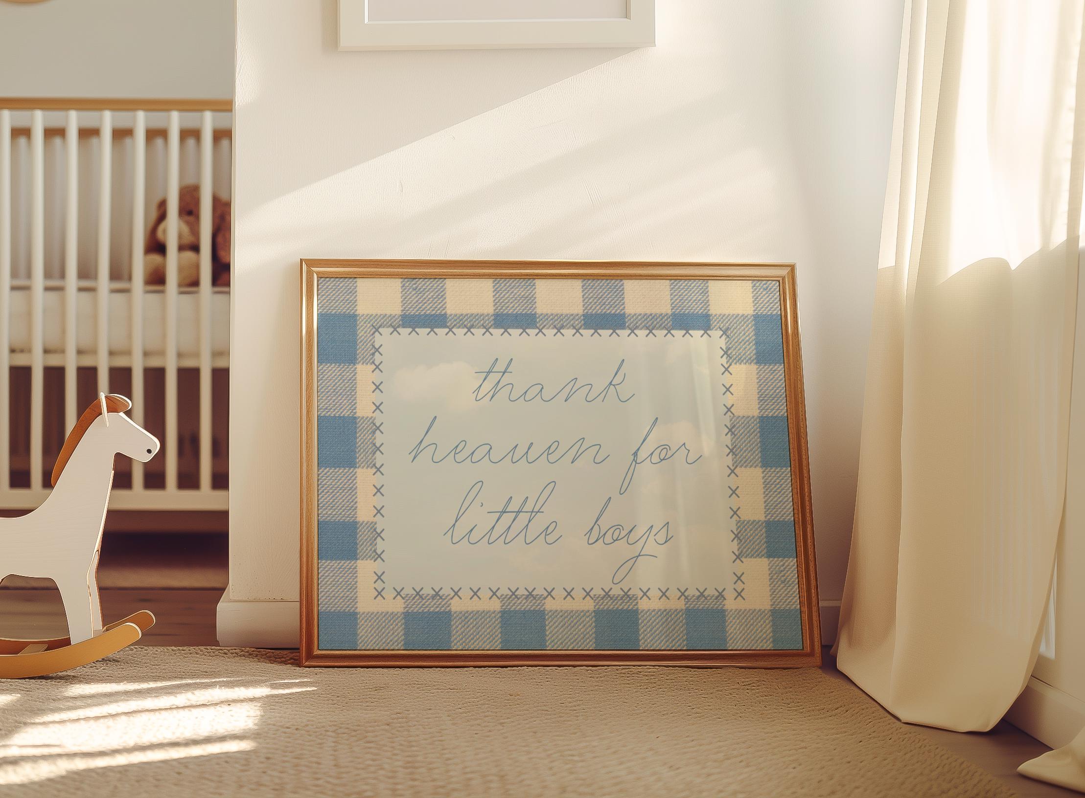 Blue Gingham Nursery Print: "Thank Heaven for Little Boys" (Digital Download, 24x18 inches)
