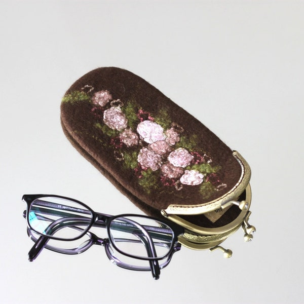 Felted eyeglasses case with bag frame antique metal closure garden flowers handmade gift for her under 50 USD