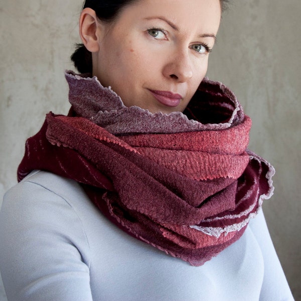 Vine red scarf ombre scarf felted cowl women neck warmer soft scarf marsala merino wool hood spring scarf cotton infinity cowl loop scarf