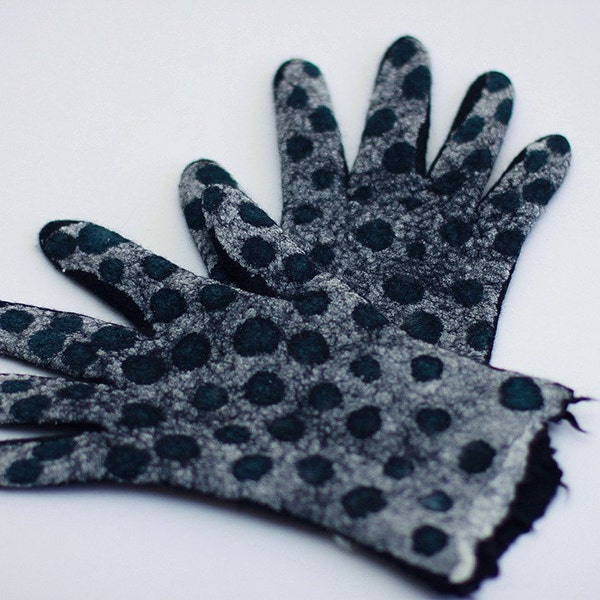 Black felted wool gloves black polka dots silk chiffon decor hand paint merino wool arm warmers winter gloves - ready to ship