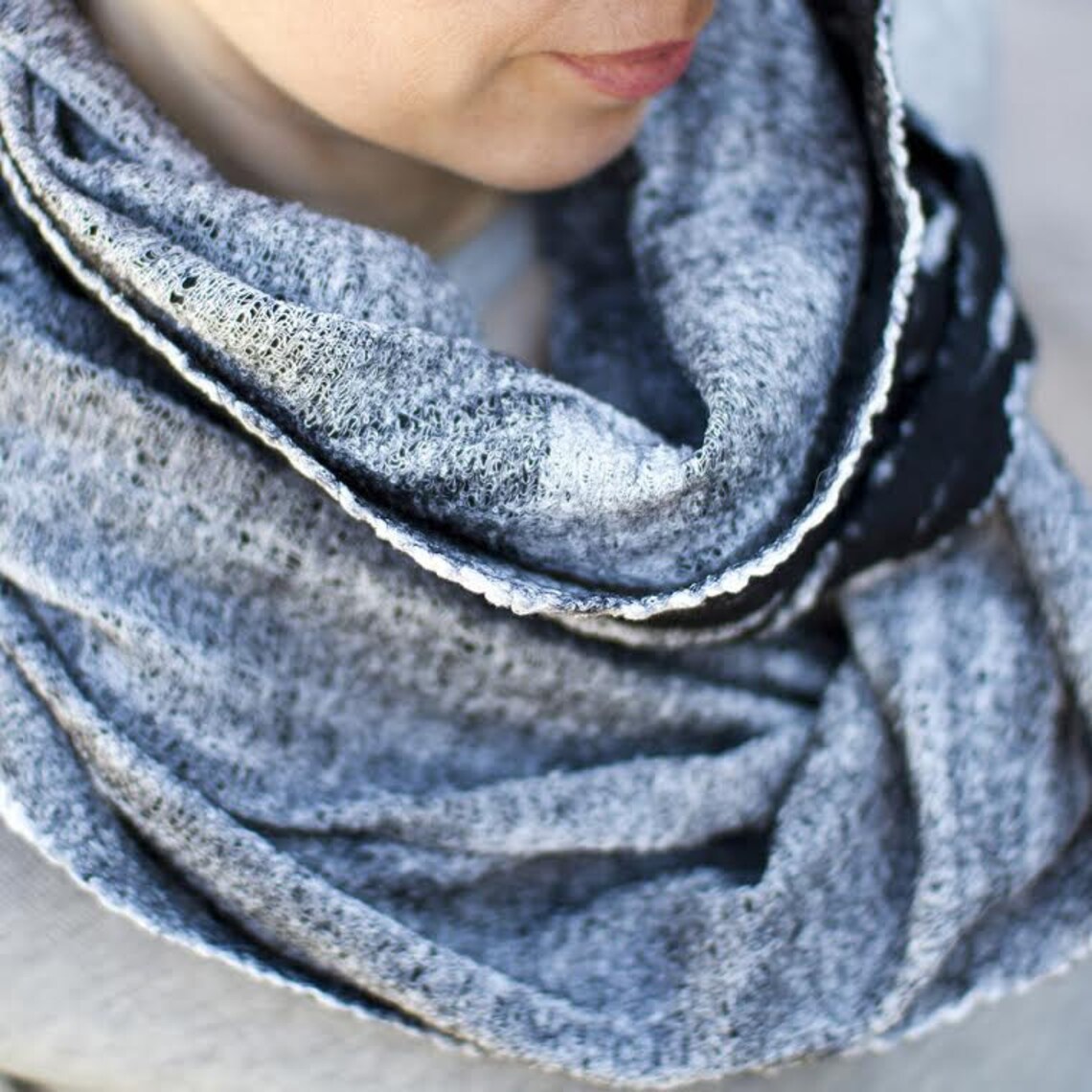 Black Merino Scarf White Felted Cowl Infinity Scarf Unisex Etsy