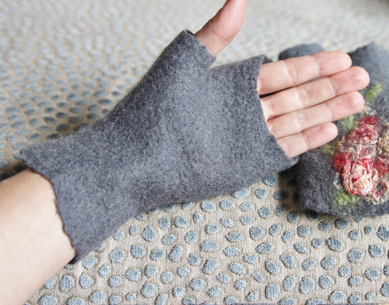 Felted Merino Wool Fingerless Gloves Women Mittens Grey Arm Etsy