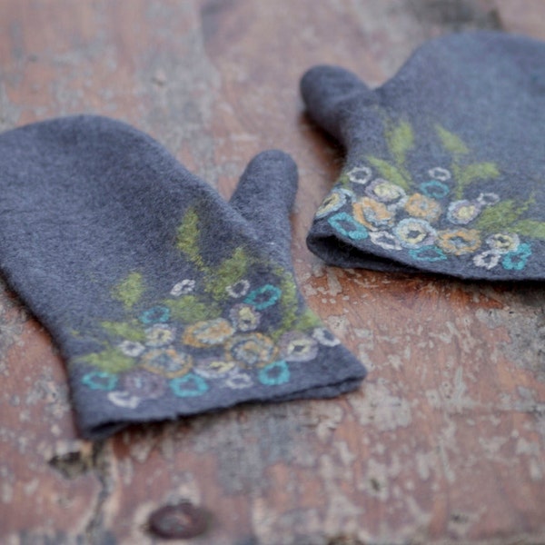 Felted grey wool mittens with flowers women merino wool gloves flowered cuff aqua mint arm warmers floral wrist Christmas gift