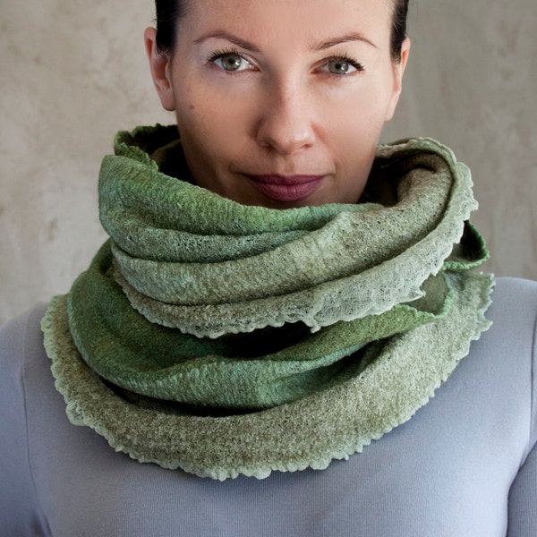 Green ombre scarf felted thin cowl women neck warmer olive merino wool hood soft scarf cotton infinity cowl loop scarf handmade to order