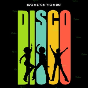 Könnte beinhalten: Silhouette von drei Personen, die vor einem bunten gestreiften Hintergrund mit dem Wort "DISCO" in großen Buchstaben tanzen.