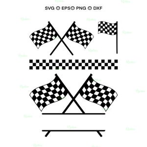 Puede incluir: Gráfico vectorial en blanco y negro con banderas de carreras a cuadros y un borde a cuadros. Las banderas están cruzadas, ondeando y sobre mástiles. La imagen incluye el texto "SVG EPS PNG DXF".