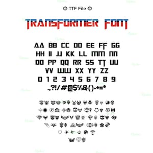 Puede incluir: Una fuente digital llamada "TRANSFORMER FONT" con letras mayúsculas, números y símbolos. La fuente incluye varios símbolos e iconos. El texto "TTF File" está en la parte superior. La fuente es en negro y rojo.