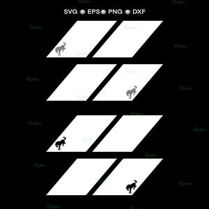 May include: A digital design with four white, angled rectangles on a black background. Each pair of rectangles features a silhouette of a bucking bronco. The top of the image has the text "SVG EPS PNG DXF".