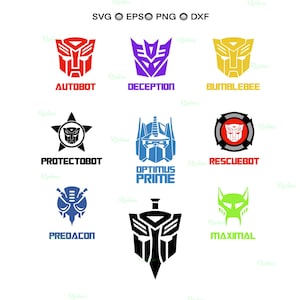 May include: A collection of colorful Transformers logos, including Autobot, Deception, Bumblebee, Protectobot, Optimus Prime, Rescuebot, Predacon, and Maximal. The logos are in red, purple, yellow, black, blue, and green.
