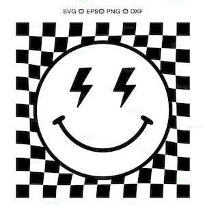 Checkered Smiley Lightning Eyes Svg, Smiley Face Lightning Bolt, Checkered Smiley Svg, Lightning Bolt Eyes Smiley Face, Checkered Svg Design