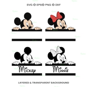 Könnte beinhalten: Ein digitales Grafikset mit vier Zeichentrickfiguren-Illustrationen, die über schwarzen horizontalen Balken hervorschauen. Zwei Designs enthalten die Namen Mickey und Minnie in Schreibschrift. Der Text SVG, EPS, PNG, DXF und LAYERED & TRANSPARENT BACKGROUND ist sichtbar.
