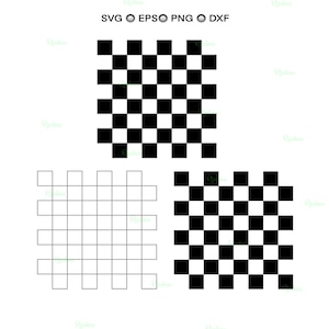May include: Three checkerboard patterns in black and white. The top and bottom right patterns are filled in, while the bottom left is an outline. The top of the image has the text "SVG EPS PNG DXF".