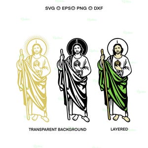 May include: Three vector illustrations of a religious figure with a halo, staff, and draped garment. The images are in gold, black and white, and layered color. Text at the top indicates file formats: SVG, EPS, PNG, and DXF. The words "Transparent Background" and "Layered" are below the images.