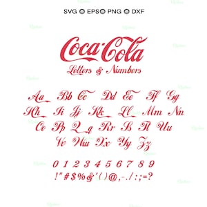 May include: Red Coca-Cola logo with the words "Letters & Numbers" above a complete alphabet and number set. Includes punctuation marks. The design is in a classic, cursive font.