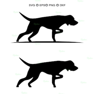 Op de afbeelding: Zwart silhouet van een hond in een staande positie. De hond wordt in profiel weergegeven, met zijn staart omhoog en één voorpoot opgetild. De afbeelding bevat bestandstype-indicatoren: SVG, EPS, PNG en DXF.