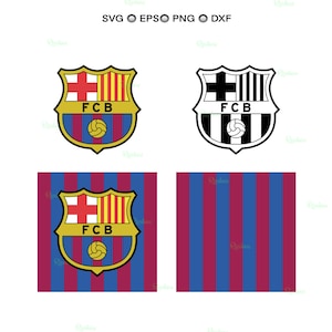 May include: The image shows two versions of a football club logo, one in colour and one in monochrome. Below are two square designs, one with the logo and the other with blue and maroon stripes.