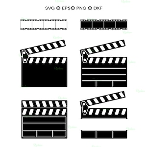 May include: Black and white vector graphics of film clapperboards and film strips. The clapperboards are shown open and closed, with horizontal lines and a hinged top. The film strips are rectangular with perforations.