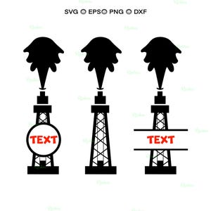 May include: Black and white vector graphic of three oil derricks. Each derrick has a plume of smoke or oil at the top. The first derrick has a circular area with the word "TEXT" in red. The other derricks have a rectangular area with the word "TEXT" in red.