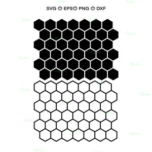 May include: A digital graphic featuring two honeycomb patterns. The top section is filled with black hexagons, while the bottom section displays an outline of white hexagons. The image includes text: SVG, EPS, PNG, and DXF.