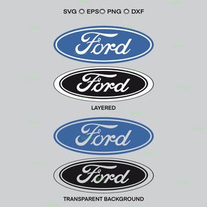 Può includere: Sono mostrate quattro varianti del logo Ford. Due sono ovali blu con testo bianco e due sono ovali neri con testo bianco. La parola "Ford" è in una scrittura stilizzata. La parte superiore dell'immagine ha il testo "SVG EPSO PNG DXF".