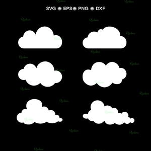 Könnte beinhalten: Eine digitale Grafik mit sechs weißen Wolkenformen auf schwarzem Hintergrund. Der Text "SVG EPS PNG DXF" ist oben enthalten und gibt Dateiformate für das digitale Design an.