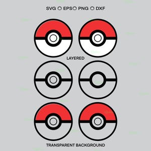 Op de afbeelding: Een digitale afbeelding met zes illustraties van een Poké Ball-ontwerp. De bovenste rij toont rode en witte ballen, de middelste rij grijze en witte ballen en de onderste rij rode en witte ballen. Tekst bevat "SVG EPSO PNG DXF", "LAYERED" en "TRANSPARENT BACKGROUND".