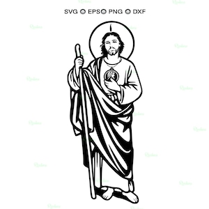 May include: Black and white vector illustration of a religious figure, possibly a saint, holding a staff and a medallion. The figure is depicted with a halo and flowing robes, suitable for digital art or religious crafts.