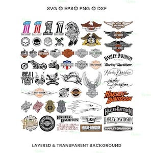 Może przedstawiać: Kolekcja logo i grafik Harley-Davidson w różnych stylach. Projekty obejmują ilustracje motocykli, motywy orłów i nazwę Harley-Davidson. Obraz zawiera również tekst "SVG EPS PNG DXF" i "LAYERED & TRANSPARENT BACKGROUND."