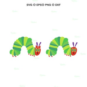 May include: Two cartoon caterpillars with green and yellow segmented bodies, red faces, and purple antennae. One caterpillar has a red bow. The image includes the text "SVG EPS PNG DXF" in the top corner.