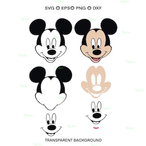 Op de afbeelding: Een verzameling Mickey Mouse gezichtsontwerpen in zwart, bruin en wit. De afbeelding bevat verschillende SVG-, EPSO-, PNG- en DXF-bestandsformaten. De woorden "TRANSPARENT BACKGROUND" staan onderaan de afbeelding.