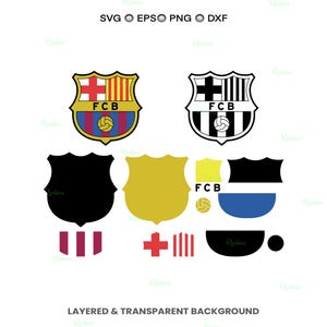 May include: A collection of vector graphics featuring soccer club emblems. The designs include the FC Barcelona crest in color and black and white, along with various design elements. The text "FCB" is visible on some designs. The background is transparent.
