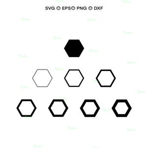 May include: A graphic design featuring a black hexagon at the top, with a pyramid of hexagons below. The hexagons are outlined or filled in black. The top of the image includes the text: SVG, EPSO, PNG, and DXF.