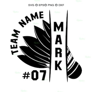 SVG de bádminton, imágenes prediseñadas de volante, silueta de pájaro, marco dividido con nombre de equipo, regalo para jugador de bádminton