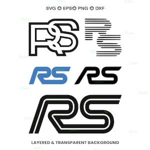Può includere: Collezione di loghi RS in vari stili. Include un contorno in bianco e nero, un design a strisce, una versione blu e nera e un design nero a doppia linea. Il testo indica i tipi di file: SVG, EPS, PNG e DXF.