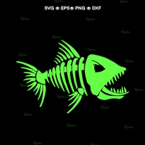 May include: A neon green fish skeleton graphic with sharp teeth and an open mouth, set against a black background. The image includes the text "SVG EPS PNG DXF" in the top right corner. The design is suitable for various applications.