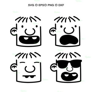 May include: Black and white cartoon illustrations of a character's face with different expressions. The faces have a square shape, with a nose, ear, and hair. One face has sunglasses.