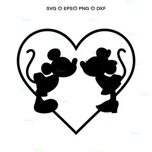 Op de afbeelding: Zwart silhouet van twee tekenfilmmuizen die elkaar kussen in een hartvorm. De muizen kijken elkaar aan, hun lichamen vormen de onderkant van het hart. De afbeelding is een vectorafbeelding, met de bestandstypen SVG, EPS, PNG en DXF bovenaan vermeld.