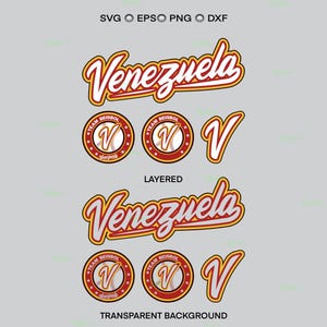 Puede incluir: Un diseño gráfico con la palabra "Venezuela" en escritura roja y amarilla, junto con emblemas temáticos de béisbol. El diseño incluye el texto "TEAM BEISBOL" y un símbolo "V". La imagen también incluye el texto "LAYERED" y "TRANSPARENT BACKGROUND".