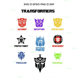 May include: A selection of Transformers logos in a range of colours, such as red, purple, yellow, black, and blue. The logos represent Autobot, Deception, Bumblebee, Protectobot, Optimus Prime, Rescuebot, Predacon, and Maximal.